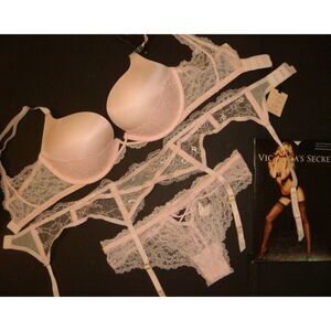 Victoria's Secret 32DD BRA SET+garter belt+S panty ice PINK lace FEARLESS $130+